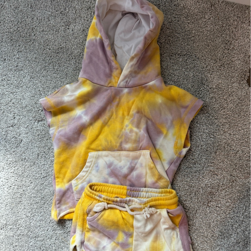 Yellow and Purple Tie-Dye Hoodie and Shorts Set